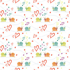 Cute, shallow, seamless vector patterns with snails and hearts. Repeatable print with funny love slugs on a white background, suitable for Valentine's Day, children's party, prints and textiles