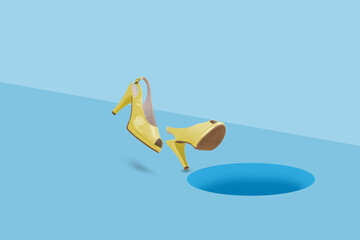 Obraz na płótnie Canvas Female yellow high heels shoes in motion falling into dark hole in a floor