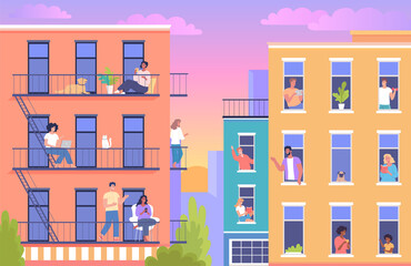 Naklejka premium Colorful sunset in the modern city cartoon illustration. Happy neighbors communicates 
