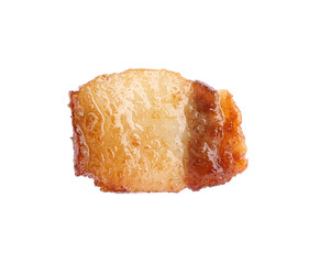 Tasty fried crackling isolated on white, top view. Cooked pork lard