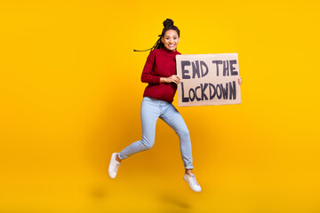 Fototapeta na wymiar Full length body size photo woman jumping placard crazy end lockdown isolated vibrant blue color background