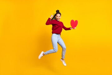 Fototapeta na wymiar Full length body size photo woman showing red heart jumping isolated vibrant blue color background