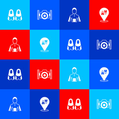 Set Flippers for swimming, Photo camera diver, Wetsuit scuba diving and icon. Vector