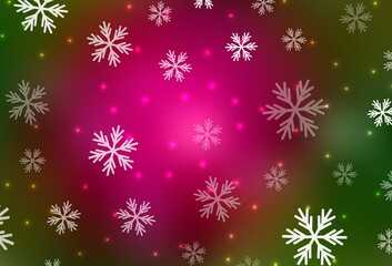 Dark Pink, Green vector texture with colored snowflakes, stars.