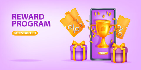 Online reward bonus vector background, loyalty program referral gift 3D banner, smartphone screen. Discount internet promotion landing page, golden cup, gift box, virtual giveaway award. Online reward