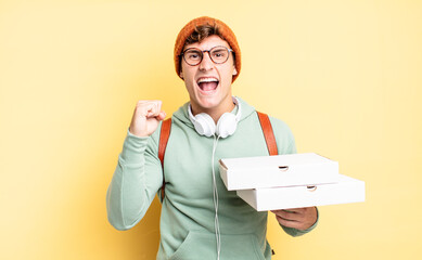 shouting aggressively with an angry expression or with fists clenched celebrating success. pizza...
