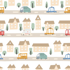 Cute city map with roads and transport. Vector seamless pattern. Childish hand-drawn scandinavian style. For nursery room, textile, wallpaper, packaging, clothing. Digital paper
