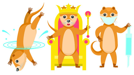 Set Abstract Collection Flat Cartoon 
Different Animal Otters Dives Into The Water, King Sits On A Throne Wearing A Crown, Masked Doctor With Syringe Vector Design Style Elements Fauna Wildlife