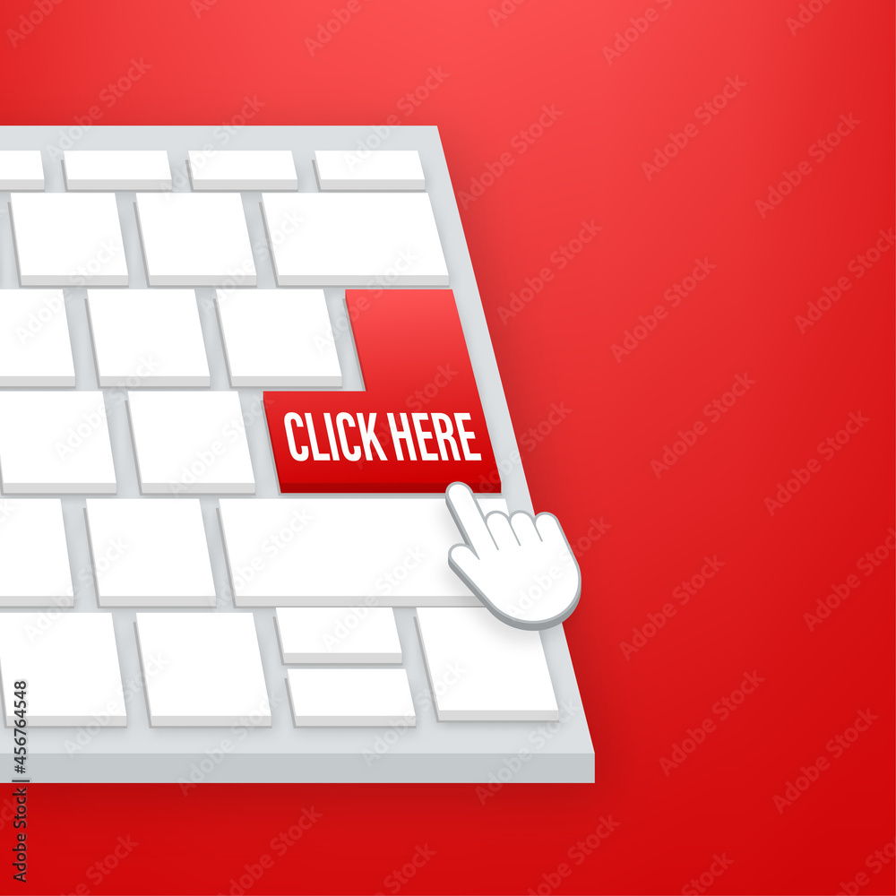 Poster click here button with hand pointer clicking. vector stock illustration.