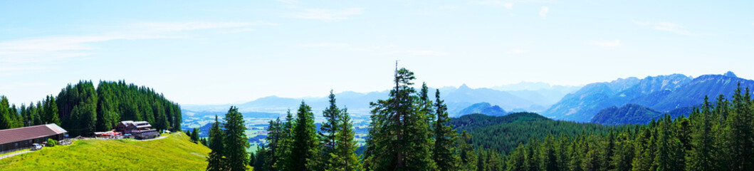 View from the Alpspitz alpine summit in the Allgäu. Bavarian panorama landscape.
