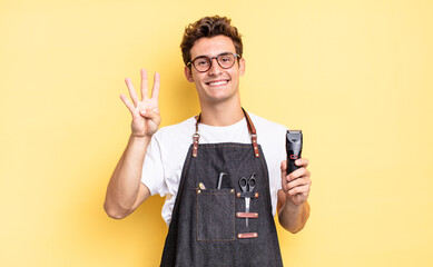 smiling and looking friendly, showing number four or fourth with hand forward, counting down....