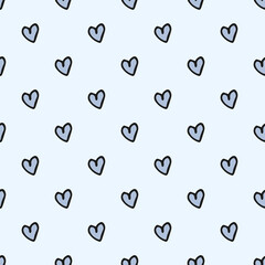 Seamless pattern. Doodle style hand drawn. Nature, animals and elements. Blue hearts on a light blue background.