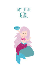 Poster, greeting card with cute little mermaid. Vector, cartoon style.