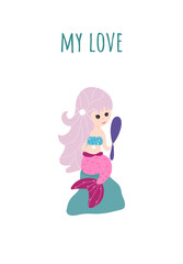 Poster, greeting card with cute little mermaid. Vector, cartoon style.