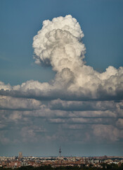 cumulus clouds over the emblematic Pirul&iacute; of RTVE in Madrid. Madrid's community. Spain