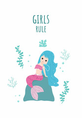 Poster, greeting card with cute little mermaid. Vector, cartoon style.
