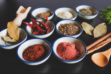 Different spices and herbs in small bowl for cooking Thai food on background.
