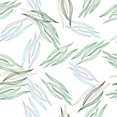 Random botanical line shapes seamless pattern isolated on white background.