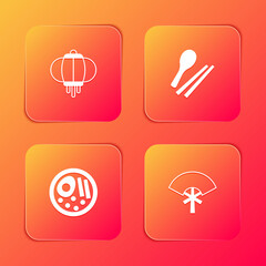 Set Korean lantern, Food chopsticks, Ramen and Traditional fan icon. Vector