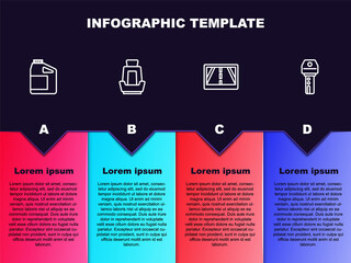 Set line Canister for motor oil, Car seat, Gps device with map and key remote. Business infographic template. Vector