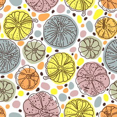 Seamless hand-drawn pattern with the image of autumn colorful pumpkins. Stylized drawing in retro style on a white background. - 456766908