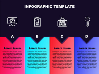 Set line Location with house, House contract, Hanging sign For Sale and key. Business infographic template. Vector