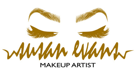 Illustration with woman's eyes, eyelashes and eyebrows. Tattoo design. Gold logo for makeup artist or master, brow bar or lash salon.