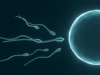 3D Blue microscopic sperm and egg cell.