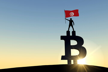 Person waving a tunisia flag standing on top of a bitcoin cryptocurrency symbol. 3D Rendering