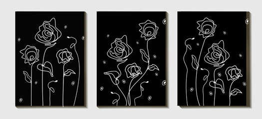 A set of abstract leaves, flowers. isolated roses on a black background. hand-drawn illustration in the style of minimalism.  art of one line. for print, wall pan, wallpaper, banner. vector wallpaper