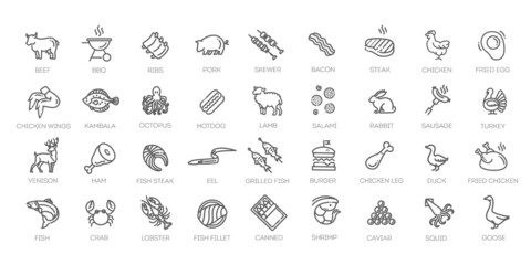 Meat, poultry, fish and eggs - minimal thin line web icon set - 456768191