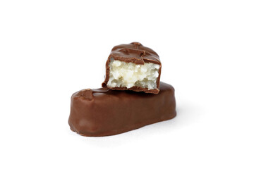 Chocolate bar with coconut filling isolated on white background.