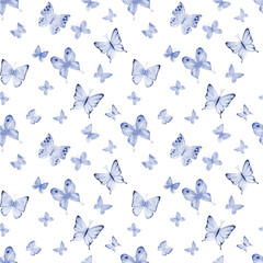Seamless botanical summer pattern with indigo blue watercolor butterflies