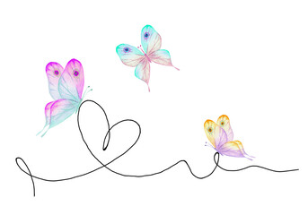 Hand drawn heart with black outline and watercolor butterflies isolated on white background.