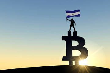 Person waving an el salvador flag standing on top of a bitcoin cryptocurrency symbol. 3D Rendering