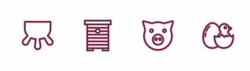 Set line Udder, Pig, Hive for bees and Little chick in cracked egg icon. Vector
