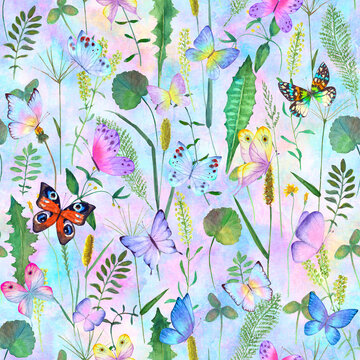 Seamless botanical summer pattern with colorful watercolor butterflies and meadow wild flowers, herbs, grasses