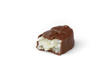 Chocolate bar with coconut filling isolated on white background.