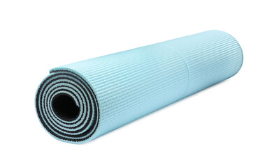 Rolled light blue camping mat isolated on white