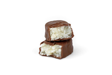 Chocolate bar with coconut filling isolated on white background.
