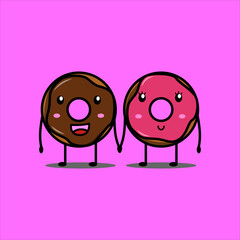 cute couple doughnut donut hand in hand doodle vector illustration