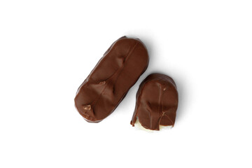 Chocolate bar with coconut filling isolated on white background.