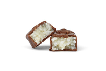 Chocolate bar with coconut filling isolated on white background.
