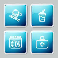 Set line Baseball bat with ball, hat, Paper glass water, Calendar baseball game and First aid kit icon. Vector