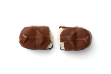 Chocolate bar with coconut filling isolated on white background.