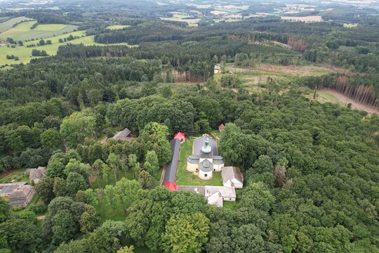 Holy Trinity Church Kremesnik Czech republic aerial view watch tower Pipalka