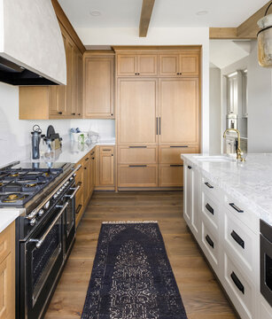 Kitchen Detail In New Luxury Home. Features Large Island With Faucet, Large Gas Range And Oven, Large Range Hood And Built In Refrigerator.