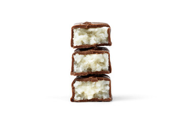 Chocolate bar with coconut filling isolated on white background.