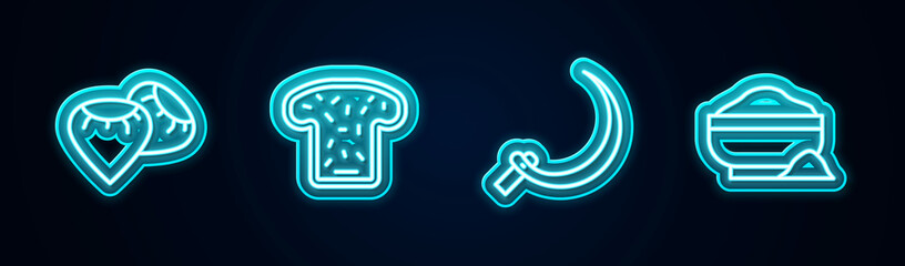 Set line Seed, Bread toast, Sickle and Flour bowl. Glowing neon icon. Vector