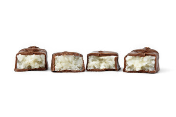 Chocolate bar with coconut filling isolated on white background.